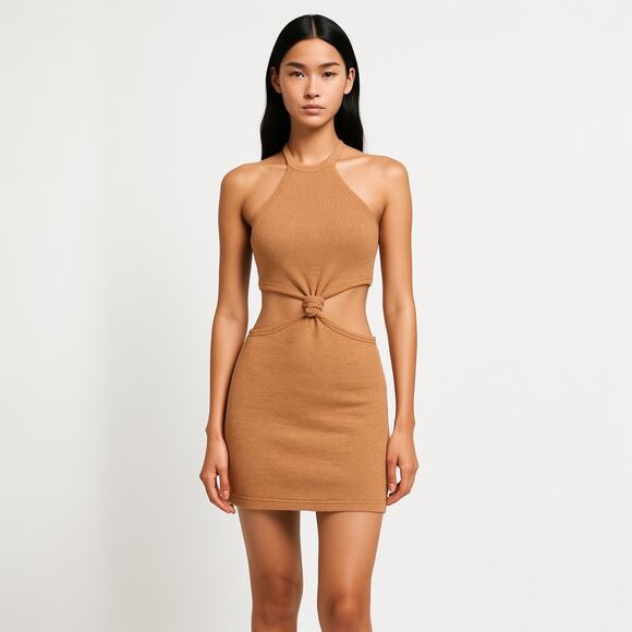 Isalis Women's Beige Halter Neck Sleeveless Knitted Mini Bodycon Dress Size S - Picture 1 of 5